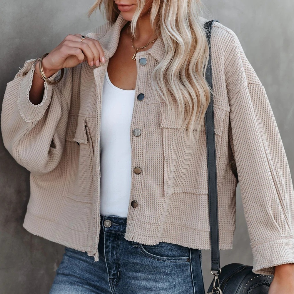 Stylish Lapel Waffle Knit lLghtweight Jacket in Khaki Oversized Fit - Picture 4 of 6